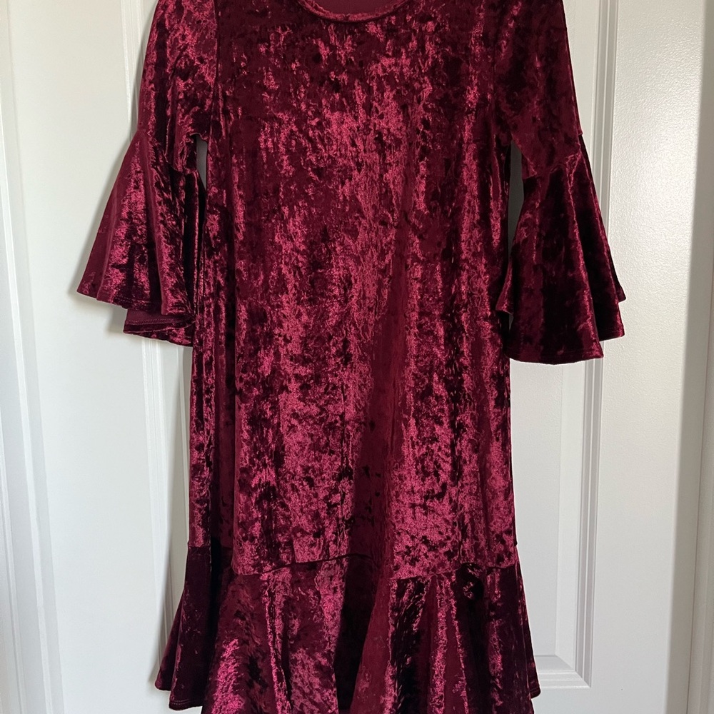 Velvet crushed Burgundy Dress with Flared Sleeves and Flared bottom